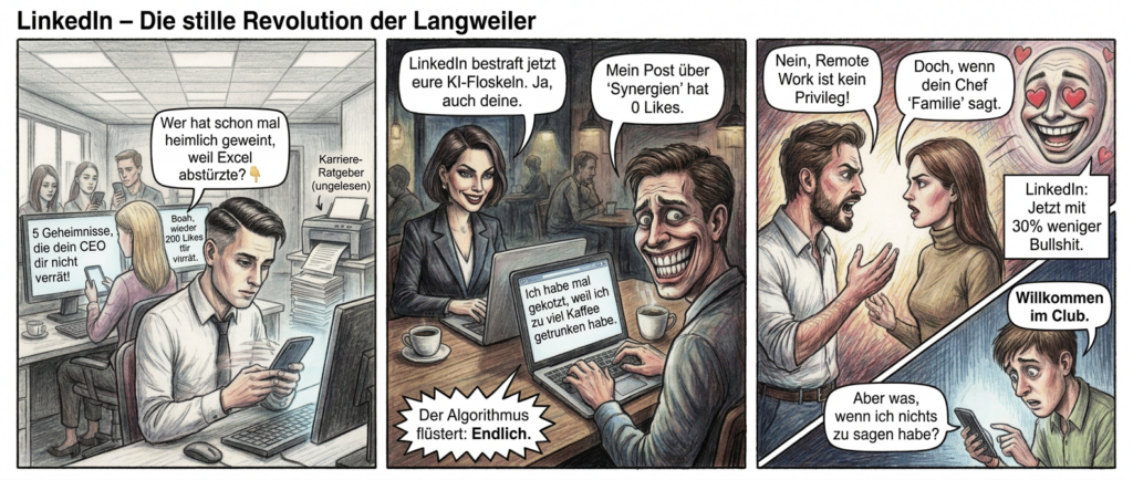 "LinkedIn – Die stille Revolution der Langweiler"
Panel 1 (Szene 1 – Der Algorithmus frisst Seelen)
Ein Großraumbüro, überbelichtet wie ein Werbeprospekt. Attraktive Menschen starren auf ihre Handys, Gesichter erstarrt in höflicher Verzweiflung. Der Feed auf den Bildschirmen zeigt Posts wie: "5 Geheimnisse, die dein CEO dir nicht verrät!" oder "Wer hat schon mal heimlich geweint, weil Excel abstürzte? 👇". Ein Mann mit perfektem Seitenscheitel scrollt so schnell, dass seine Finger verschwimmen. Seine Sprechblase: "Boah, wieder 200 Likes für nichts." Im Hintergrund wirft ein Drucker sinnlose Karriere-Ratgeber aus, die niemand liest.
Panel 2 (Szene 2 – Lauras Rache)
Laura Lorenzetti, eine Frau mit scharf geschnittenem Blazer und einem Lächeln, das Böses ahnen lässt, sitzt in einem hippen Café. Ihr Laptop zeigt einen Blogpost: "LinkedIn bestraft jetzt eure KI-Floskeln. Ja, auch deine." Ein Mann mit übertriebenem Business-Grinsen (Zähne wie ein Werbeplakat) starrt entsetzt auf sein Handy. Seine Sprechblase: "Mein Post über 'Synergien' hat 0 Likes." Er löscht den Text und tippt stattdessen: "Ich habe mal gekotzt, weil ich zu viel Kaffee getrunken habe." Ein Textfeld erscheint: "Der Algorithmus flüstert: Endlich."
Panel 3 (Szene 3 – Die neue Stille)
Der Feed ist jetzt ein Ort der Erleuchtung. Ein Mann mit Dreitagebart diskutiert leidenschaftlich mit einer Frau in einem Rollkragenpullover. Ihre Sprechblasen: "Nein, Remote Work ist kein Privileg!" / "Doch, wenn dein Chef 'Familie' sagt." Im Hintergrund jubelt ein unsichtbarer Algorithmus (dargestellt als glückliches, schwebendes Gesicht mit Herzaugen). Ein Textfeld: "LinkedIn: Jetzt mit 30% weniger Bullshit." Ein letzter Nutzer, ein verzweifelter Praktikant, starrt auf seinen leeren Post. Seine Sprechblase: "Aber was, wenn ich nichts zu sagen habe?" Die Antwort kommt von oben: "Willkommen im Club."