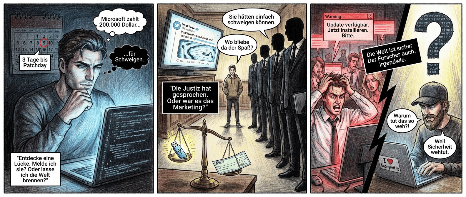 Panel 1 (Szene 1: So war es.)
Dunkler Raum, nur der Laptop wirft kaltes Licht auf Nightmare Eclipses perfekt symmetrisches Gesicht. Seine Augen sind halb im Schatten, die Lippen leicht geöffnet – als würde er einen besonders schmutzigen Witz hören. Auf dem Bildschirm: Code, der aussieht wie ein offenes Grab. Ein Kalender an der Wand zeigt den heutigen Tag rot umkreist, daneben ein Countdown: "3 Tage bis Patchday". Seine Faust liegt auf der Tastatur, als wolle er sie zerdrücken.
Textfeld (klein, unten links): "Entdecke eine Lücke. Melde ich sie? Oder lasse ich die Welt brennen?"
Sprechblase (Nightmare Eclipse, nachdenklich): "Microsoft zahlt 200.000 Dollar..."
Sprechblase (seine andere Schulter, zynisch): "...für Schweigen."
Panel 2 (Szene 2: Das geschah.)
Gerichtssaal, aber die Perspektive ist verzerrt – wir sehen nur Schattenrisse: Microsofts Anwälte, makellos in teuren Anzügen, wirken wie eine Mauer aus Armani. Nightmare Eclipse steht klein in der Mitte, sein Kapuzenpulli hängt schlaff herunter. Auf einem Monitor hinter ihm: sein Tweet, der sich wie ein Virus verbreitet. Die Waage der Justitia kippt gefährlich – doch statt Gewichten liegen darauf ein USB-Stick und ein Scheck.
Textfeld (fett, mittig): "Die Justiz hat gesprochen. Oder war es das Marketing?"
Sprechblase (Anwalt, eisig): "Sie hätten einfach schweigen können."
Sprechblase (Nightmare Eclipse, grinsend): "Wo bliebe da der Spaß?"
Panel 3 (Szene 3: So ist es jetzt.)
Gesplitteter Bildschirm. Links: Ein Büro voller panischer Nutzer, deren Gesichter von Warnmeldungen in knalligem Rot erleuchtet werden. Ein Mann mit Krawatte reißt sich die Haare aus, während sein Bildschirm flüstert: "Update verfügbar. Jetzt installieren. Bitte." Rechts: Nightmare Eclipse, jetzt mit Basecap und falschem Bart (der lächerlich schlecht klebt), tippt auf einem Laptop mit Aufkleber "I ♥ Anonymität". Über ihm schwebt ein riesiges Fragezeichen aus Code, das wie ein Damoklesschwert wirkt.
Textfeld (schräg, wie ein Systemfehler): "Die Welt ist sicher. Der Forscher auch. Irgendwie."
Sprechblase (Nutzer, hysterisch): "Warum tut das so weh?!"
Sprechblase (Nightmare Eclipse, trocken): "Weil Sicherheit wehtut."