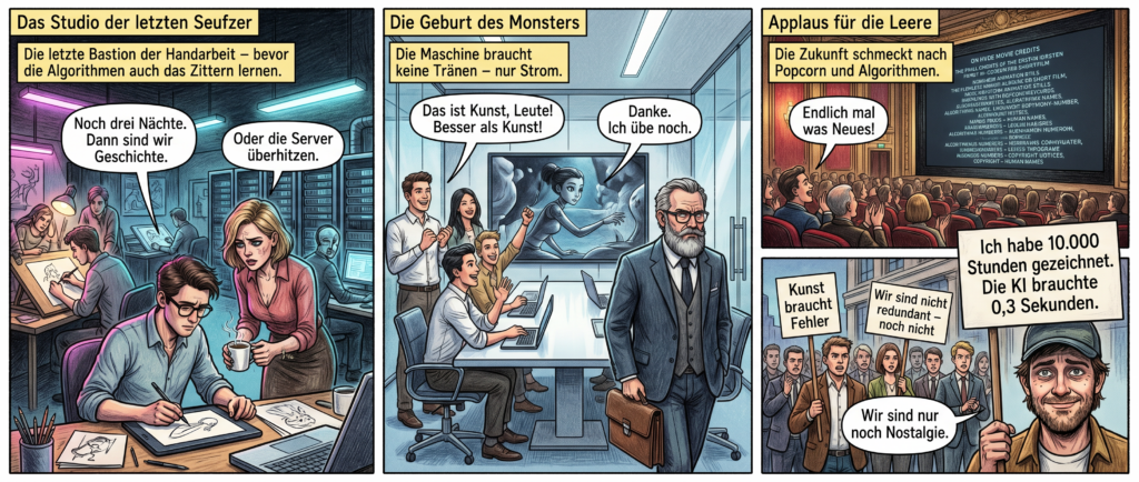 Panel 1 (Szene 1 – Das Studio der letzten Seufzer)
Düstere Neonlichter werfen lange Schatten über überfüllte Zeichenbretter. Attraktive Animatoren mit müden Augen und perfekt sitzenden Haaren malen verzweifelt gegen die Zeit – ihre Pinselstriche wirken wie letzte Zuckungen. Im Hintergrund surren KI-Server in leeren Büros, deren bläuliches Licht die Gesichter der wenigen verbliebenen Menschen in kalte Masken verwandelt. Ein junger Mann mit Designerbrille starrt auf sein Tablet, während eine Kollegin ihm eine Tasse Kaffee reicht. Ihre Hand zittert leicht.
Textfeld: "Die letzte Bastion der Handarbeit – bevor die Algorithmen auch das Zittern lernen."
Sprechblase (Mann): "Noch drei Nächte. Dann sind wir Geschichte."
Sprechblase (Frau): "Oder die Server überhitzen."
Panel 2 (Szene 2 – Die Geburt des Monsters)
Ein gläserner Konferenzraum, in dem ein Team aus hippen Entwicklern mit makellosen Zähnen um einen Bildschirm steht. Die KI generiert in Echtzeit eine perfekte Animationsszene – flüssig, emotionslos, unheimlich schön. Ein älterer Künstler mit graumeliertem Bart und teurem Anzug beobachtet das Spektakel, sein Lächeln erstarrt. Ohne ein Wort dreht er sich um, greift nach seiner abgewetzten Mappe und verlässt den Raum. Die Tür fällt mit einem leisen Klick ins Schloss. Die Entwickler jubeln.
Textfeld: "Die Maschine braucht keine Tränen – nur Strom."
Sprechblase (Entwickler): "Das ist Kunst, Leute! Besser als Kunst!"
Sprechblase (KI-Stimme aus dem Off): "Danke. Ich übe noch."
Panel 3 (Szene 3 – Applaus für die Leere)
Ein prunkvoller Kinosaal, gefüllt mit schicken Zuschauern, die begeistert klatschen. Auf der Leinwand läuft der erste rein KI-generierte Kurzfilm – makellose Animationen, perfekte Dramaturgie, keine Spur von Menschlichkeit. Im Abspann: endlose Zeilen von Algorithmen-Namen, Lizenznummern, Copyright-Hinweisen. Draußen vor dem Kino stehen kreative mit teuren Jacken und selbstgemalten Schildern: "Kunst braucht Fehler", "Wir sind nicht redundant – noch nicht". Ein Mann mit Basecap hält ein Schild hoch: "Ich habe 10.000 Stunden gezeichnet. Die KI brauchte 0,3 Sekunden." Die Kamera zoomt auf sein Gesicht – er lächelt, aber seine Augen sind leer.
Textfeld: "Die Zukunft schmeckt nach Popcorn und Algorithmen."
Sprechblase (Zuschauer): "Endlich mal was Neues!"
Sprechblase (Protestierender): "Wir sind nur noch Nostalgie."