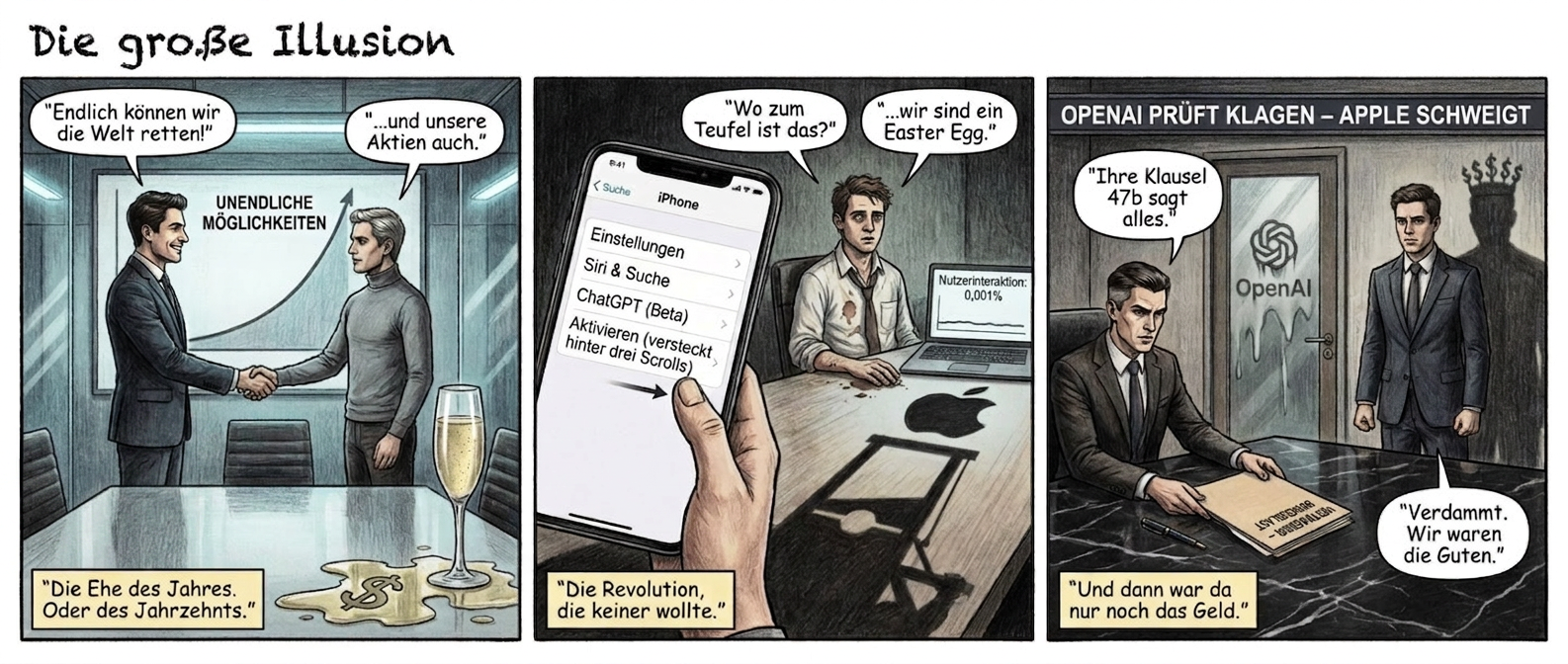 "Die große Illusion"
Panel 1 (Szene 1: Die große Hoffnung)
Ein gläserner Konferenzraum, neonbeleuchtet. Links: Ein OpenAI-Manager (dunkler Anzug, perfektes Lächeln) schüttelt die Hand eines Apple-Vertreters (grauer Rollkragenpullover, kühler Blick). Hinter ihnen ein riesiges Diagramm mit einer steil nach oben schießenden Kurve, beschriftet mit "UNENDLICHE MÖGLICHKEITEN". Im Vordergrund ein Sektglas, das überläuft – die Flüssigkeit bildet eine Dollarzeichen-Pfütze.
Textfeld (unten): "Die Ehe des Jahres. Oder des Jahrzehnts."
Sprechblase (OpenAI): "Endlich können wir die Welt retten!"
Sprechblase (Apple): "…und unsere Aktien auch."
Panel 2 (Szene 2: Die stille Enttäuschung)
Ein iPhone-Bildschirm, zoomt auf das Menü: "Einstellungen > Siri & Suche > ChatGPT (Beta) > Aktivieren (versteckt hinter drei Scrolls)". Ein Nutzer (genervtes Gesicht) wischt weiter, während im Hintergrund ein OpenAI-Mitarbeiter (zerknittertes Hemd, Kaffeefleck) auf einen Laptop starrt. Der Bildschirm zeigt eine flache Linie mit der Beschriftung "Nutzerinteraktion: 0,001%". Apples Logo wirft einen scharfen Schatten über den Tisch – der Schatten formt eine Guillotine.
Textfeld (unten): "Die Revolution, die keiner wollte."
Sprechblase (Nutzer): "Wo zum Teufel ist das?"
Sprechblase (OpenAI-Mitarbeiter): "…wir sind ein Easter Egg."
Panel 3 (Szene 3: Der kalte Krieg)
Ein Konferenztisch aus schwarzem Marmor. Ein Anwalt (scharf geschnittenes Gesicht, teurer Stift) legt eine Akte mit dem Titel "VERTRAGSBRUCH – BEWEISLAST" ab. Im Hintergrund ein News-Ticker auf einem Bildschirm: "OPENAI PRÜFT KLAGEN – APPLE SCHWEIGT". Die Bürotür von Apple ist geschlossen, im Glas spiegelt sich OpenAIs Logo – verzerrt, als würde es schmelzen. Der OpenAI-Manager steht regungslos da, die Hände zu Fäusten geballt. Sein Schatten auf der Wand zeigt ihn mit einer Krone aus Dollarzeichen.
Textfeld (unten): "Und dann war da nur noch das Geld."
Sprechblase (Anwalt): "Ihre Klausel 47b sagt alles."
Sprechblase (OpenAI-Manager, flüsternd): "Verdammt. Wir waren die Guten."