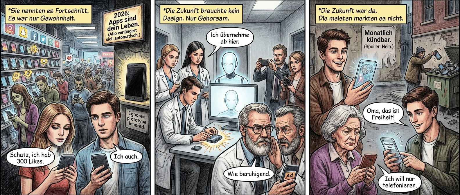 Panel 1 (Szene 1 – Der Tempel der Ablenkung)
Ein grell erleuchteter Technikmarkt, überfüllt mit perfekt gestylten Menschen, die wie hypnotisiert auf ihre Smartphones starren. Die Regale biegen sich unter der Last identischer Geräte, alle mit denselben glänzenden App-Icons. Ein einsamer Prototyp in der Ecke – schlicht, schwarz, ohne Bildschirm – wird ignoriert. Ein Schild flackert: "2026: Apps sind dein Leben. (Abo verlängert sich automatisch.)" Im Vordergrund hält eine Frau ihr Handy wie einen Rosenkranz, während ihr Partner gelangweilt auf sein Display tippt. Sein Blick ist leer, als hätte er vergessen, wie man atmet.
Textfeld: Sie nannten es Fortschritt. Es war nur Gewohnheit.
Sprechblase 1 (Frau, flüsternd): "Schatz, ich hab 300 Likes."
Sprechblase 2 (Partner, tonlos): "Ich auch."
---
Panel 2 (Szene 2 – Das Labor der Erleuchteten)
Ein steriles OpenAI-Labor, 2027. Drei überirdisch schöne Ingenieure starren auf einen schmucklosen Prototypen. Der Bildschirm erwacht – kein Icon, nur ein schwebender KI-Agent, der sie mit kühler Höflichkeit mustert. Ein Techniker steckt einen MediaTek-Chip ein, als würde er einem Roboter das Herz einsetzen. Im Hintergrund beobachten Medienvertreter mit skeptischen Blicken, ihre Handys gezückt, als fürchteten sie, etwas zu verpassen. Ein älterer Journalist flüstert seinem Kollegen zu, während er heimlich eine App schließt, die ihm gerade ein Abo aufschwatzen wollte.
Textfeld: Die Zukunft brauchte kein Design. Nur Gehorsam.
Sprechblase 1 (KI-Agent, sanft): "Ich übernehme ab hier."
Sprechblade 2 (Journalist, zynisch): "Wie beruhigend."
---
Panel 3 (Szene 3 – Die Revolution frisst ihre Kinder)
2029, eine Straße voller Kontraste. Ein junger Mann hält das neue KI-Smartphone – der Bildschirm passt sich seinen Gedanken an, zeigt nur, was er braucht. Er strahlt, als hätte er Gott in der Hand. Hinter ihm wirbt ein Plakat: "Monatlich kündbar. (Spoiler: Nein.)" Eine ältere Frau starrt misstrauisch auf ihr altes Gerät, dessen Akku wieder mal leer ist. Ihr Enkel erklärt ihr geduldig, während sein KI-Handy ihm heimlich die nächste Werbung für ein Premium-Abo einblendet. Im Hintergrund wirft ein Obdachloser sein altes Smartphone in einen Müllcontainer – es landet auf einem Berg identischer Geräte.
Textfeld: Die Zukunft war da. Die meisten merkten es nicht.
Sprechblase 1 (Enkel, lächelnd): "Oma, das ist Freiheit!"
Sprechblase 2 (Oma, grummelnd): "Ich will nur telefonieren."
