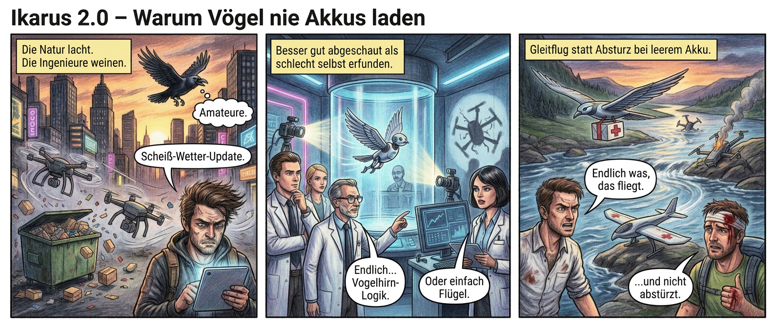 Panel 1 (Stadt bei Sonnenuntergang)
Düstere Wolkenkratzer, neonbeleuchtet, werfen lange Schatten. Eine Armada klobiger Drohnen kämpft gegen den Wind – eine trudelt wie betrunken, eine andere kracht in einen Müllcontainer, Pakete verteilen sich wie Konfetti. Im Hintergrund gleitet ein einzelner Rabe lässig durch die Luft, als würde er sich über die Technik lustig machen. Ein zerzauster Lieferbote (attraktiv, aber genervt) starrt auf sein Tablet.
Textfeld: "Die Natur lacht. Die Ingenieure weinen."
Sprechblase Lieferbote: "Scheiß-Wetter-Update."
Sprechblase Rabe (gedacht): "Amateure."
Panel 2 (Labor – Windkanal)
Kühles Blau und grelles Neonlicht. Ein Team makelloser Forscher (alle mit perfekten Frisuren und teuren Uhren) beobachtet einen kleinen Roboter mit schlagenden Flügeln, der elegant durch den Windkanal schwebt. Hochgeschwindigkeitskameras blitzen. Ein Wissenschaftler (mit Designerbrille) zeigt auf einen Bildschirm, auf dem Daten flimmern. Im Hintergrund wirft eine Drohne mit Propellern verzweifelt Schatten an die Wand – sie sieht aus wie ein sterbender Käfer.
Textfeld: "Besser gut abgeschaut als schlecht selbst erfunden."
Sprechblase Wissenschaftler: "Endlich… Vogelhirn-Logik."
Sprechblase Kollegin (trocken): "Oder einfach Flügel."
Panel 3 (Rettungseinsatz – Flusslandschaft)
Dramatische Abenddämmerung. Eine schlanke, vogelähnliche Drohne gleitet mühelos über einen reißenden Fluss, ein rotes Kreuz-Paket im Griff. Im Hintergrund kämpfen zwei konventionelle Drohnen mit leeren Akkus – eine sinkt wie ein Stein, die andere landet notdürftig auf einem Felsen, wo ein attraktiver Sanitäter (mit zerknittertem Hemd) sie wütend anstarrt. Die vogelartige Drohne landet sanft neben ihm. Ein verletzter Wanderer (ebenfalls attraktiv, aber blutverschmiert) hebt den Daumen.
Textfeld: "Gleitflug statt Absturz bei leerem Akku."
Sprechblase Sanitäter: "Endlich was, das fliegt."
Sprechblase Wanderer (schwach): "…und nicht abstürzt."